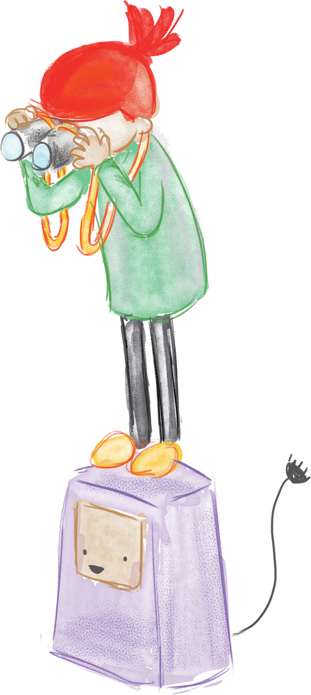 Ruby looking through binoculars, standing on her computer companion